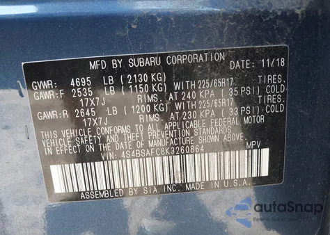 2019 Subaru Outback 2.5I Premium from USA, damaged, VIN 4S4BSAFC8K3260864